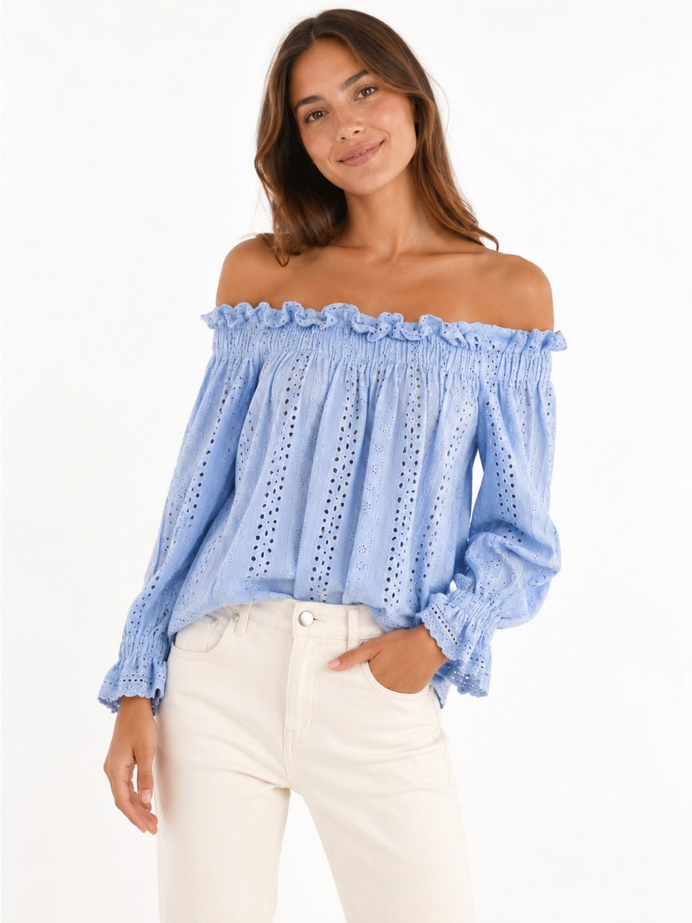 Revolve Endless Rose Light Blue Off Shoulder Ruched Long Sleeve Blouse S